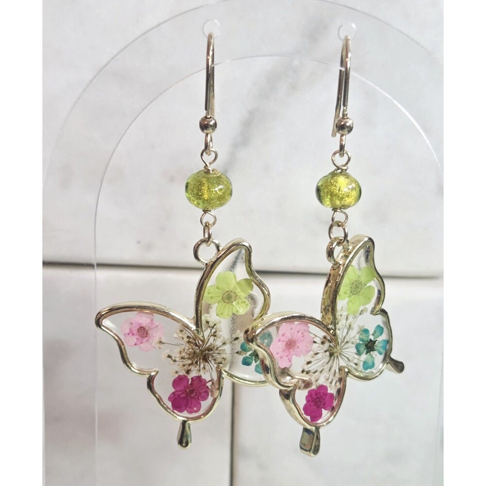 Butterfly Earrings, Dried Flowers in Resin, Gold Tone 2.75 Approx Length